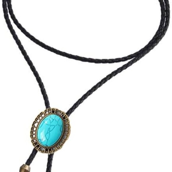 Western Cowboy Bolo Tie Men Leather Necktie Leather Cord Turquoise Stone Bolo Ti - Picture 3 of 6
